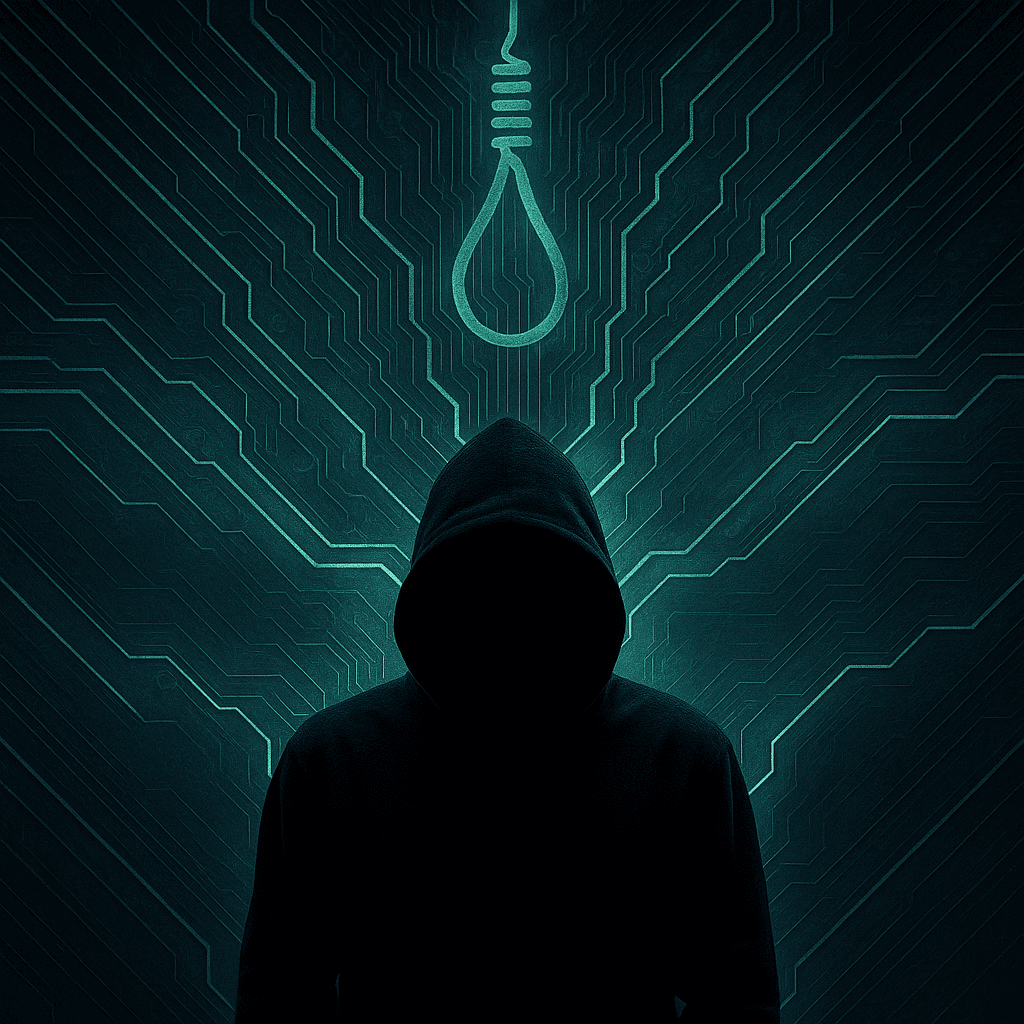 A hooded silhouette stands in front of glowing neon-green circuitry, with a digital noose symbol floating above them. The mood is dark, mysterious, and cyber-thriller themed.
