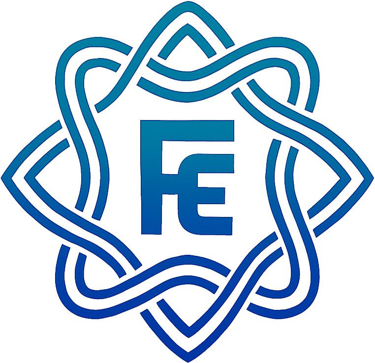 Logo for Fractal Enigma, featuring the stylized, intertwined letters F and E inside a blue, octagonal, maze-like border.