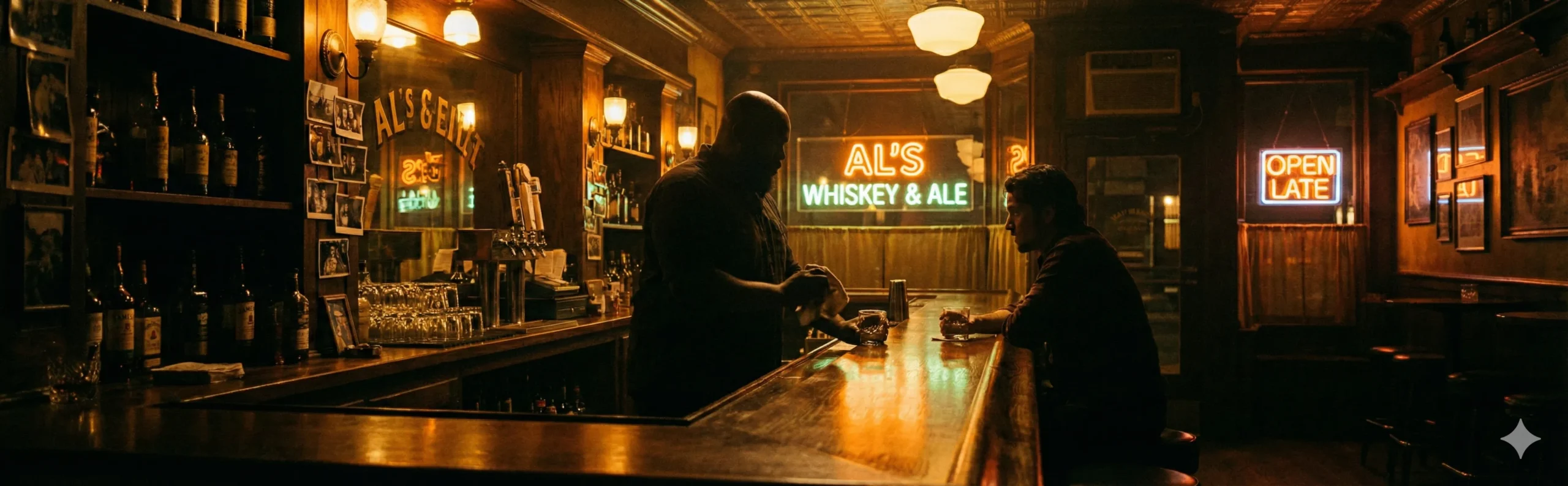 Cozy dive bar interior at night with warm amber lighting