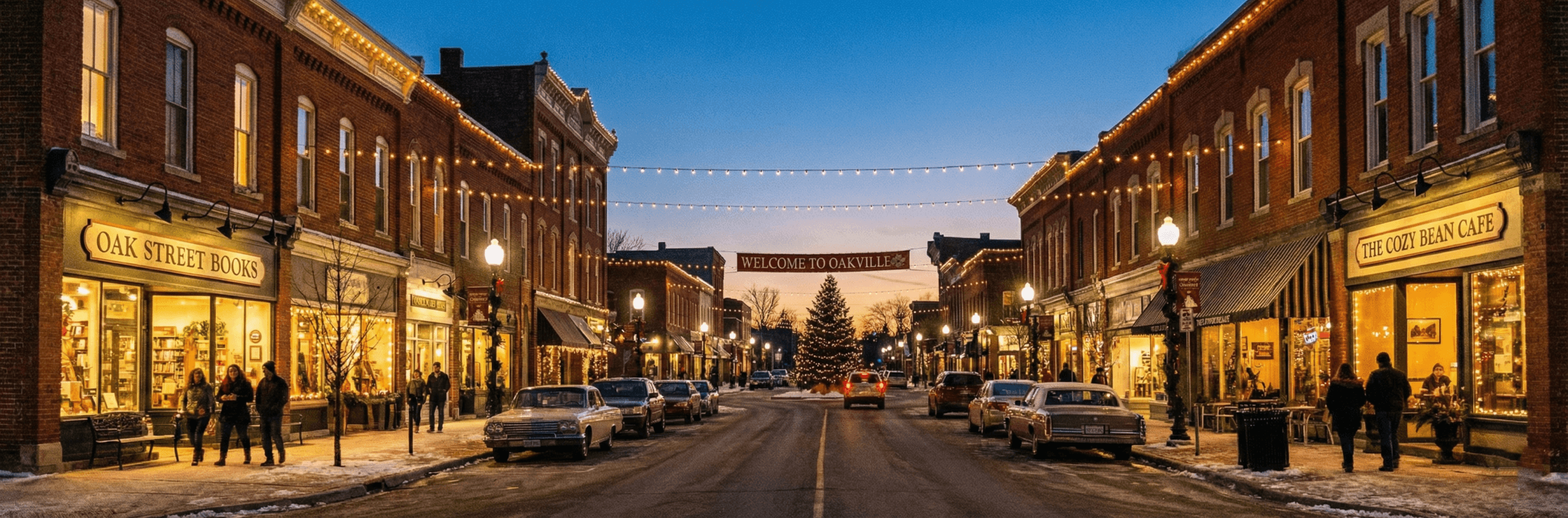 Charming main street with string lights at dusk — cozy small town America romance aesthetic
