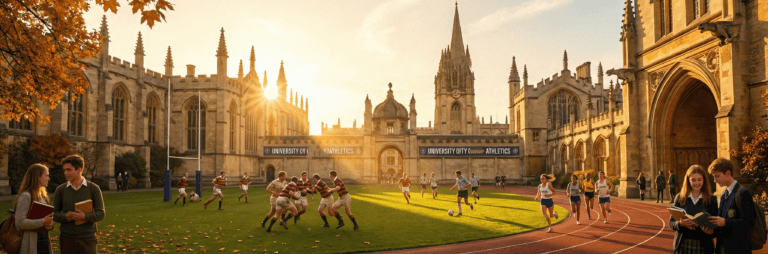 College campus with gothic architecture at golden hour - Blackwood Ravens Sports Romance Series