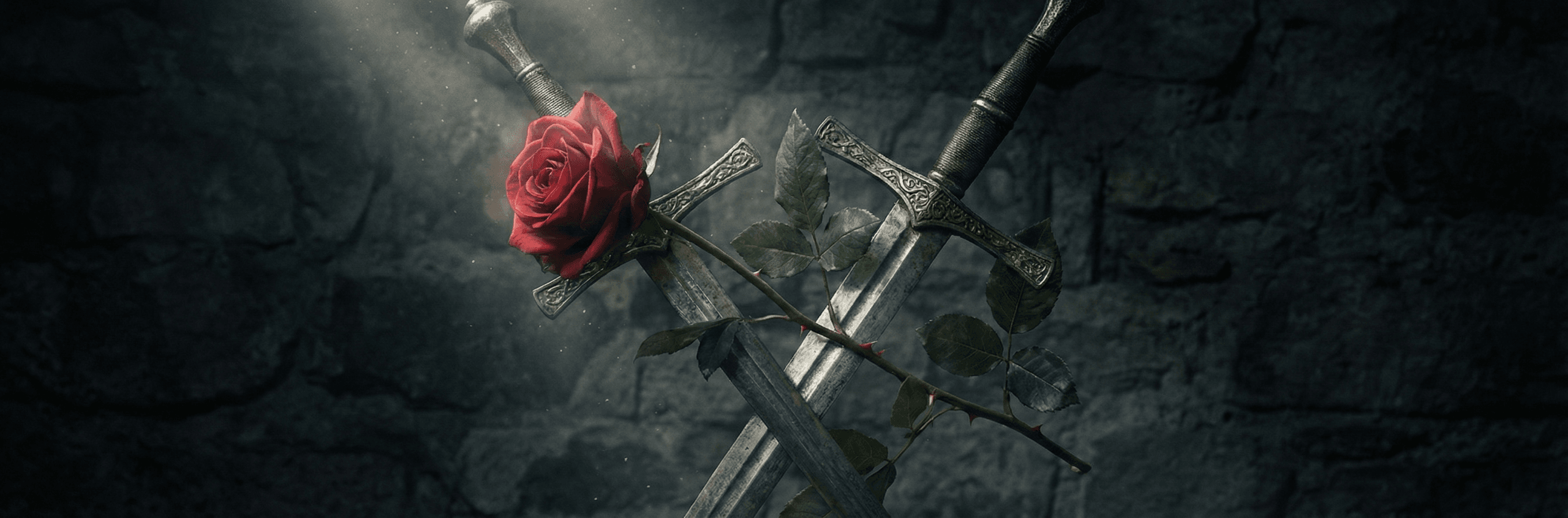 Enemies to lovers romance trope — crossed swords with rose wrapped around them, dramatic lighting