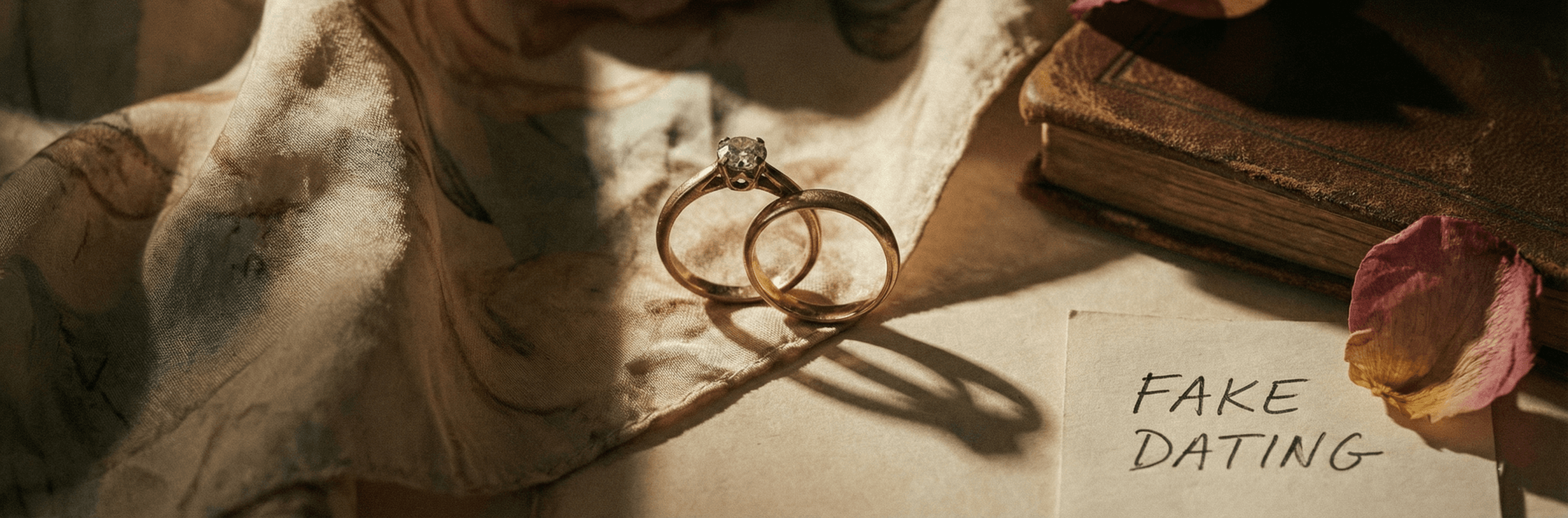 Fake dating romance section break — two interlinked rings casting shadows, transition from trad pub Armas Hazelwood comps to indie Kindle Unlimited fake dating reads