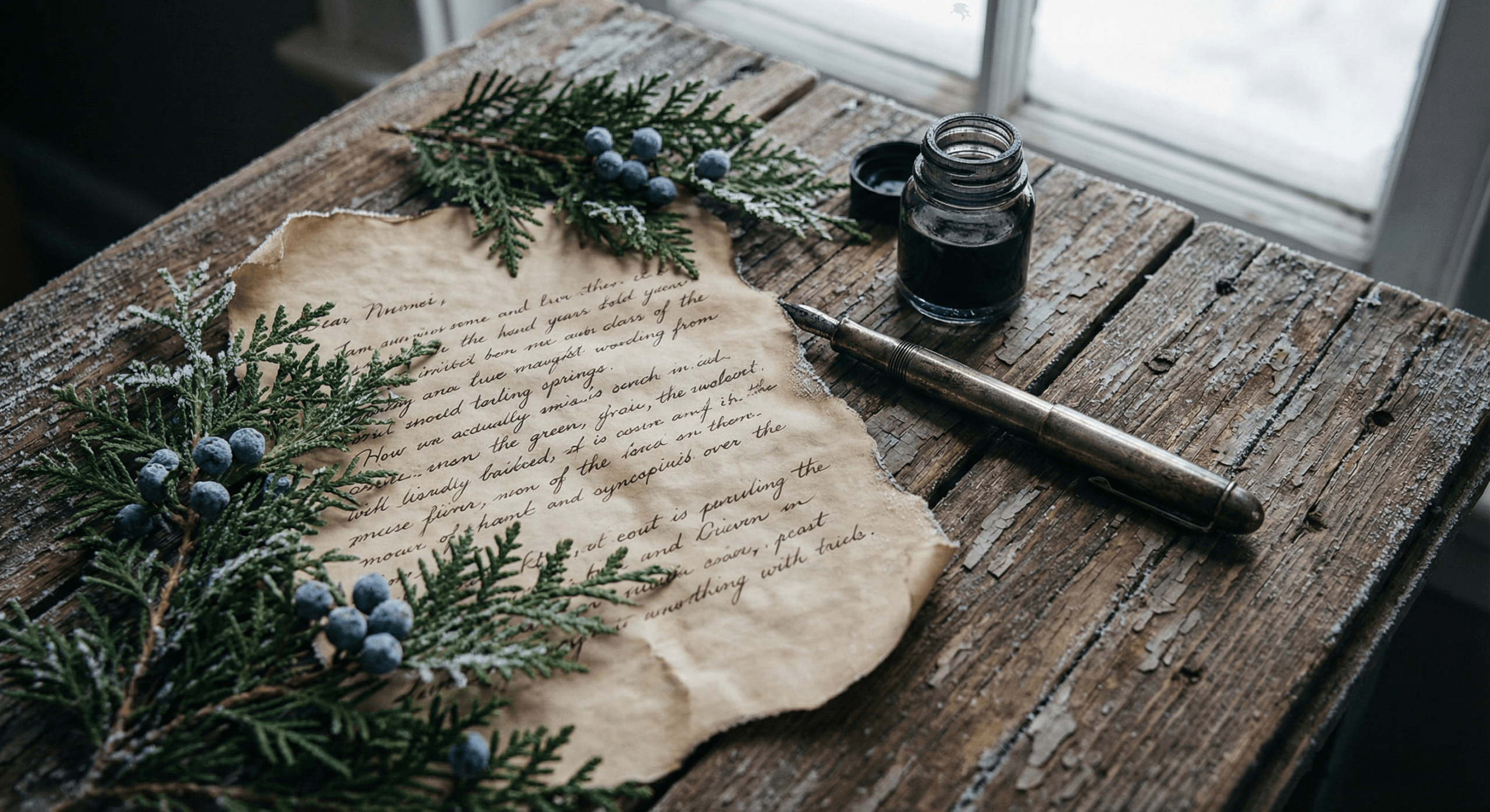 Rustic parchment and quill flat lay