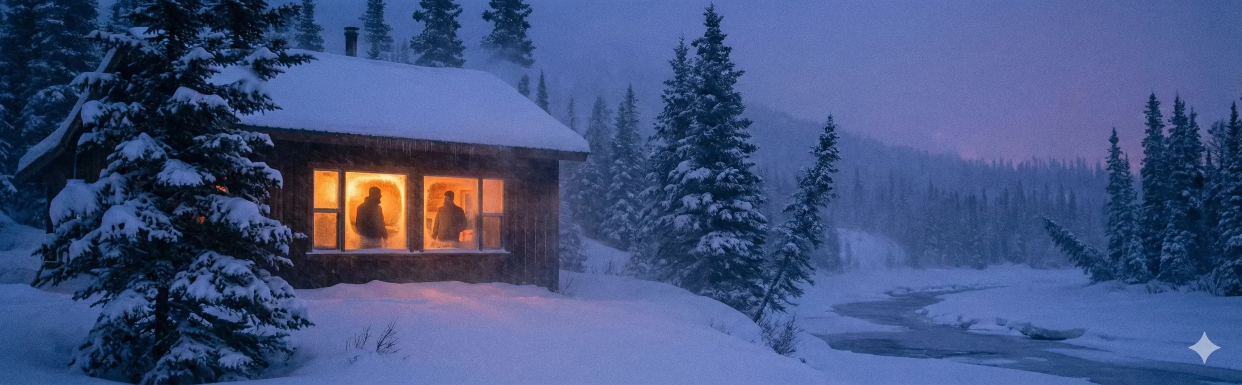 Snow-covered mountain cabin at twilight during blizzard with warm orange light glowing from windows for Hard Winter MM romance