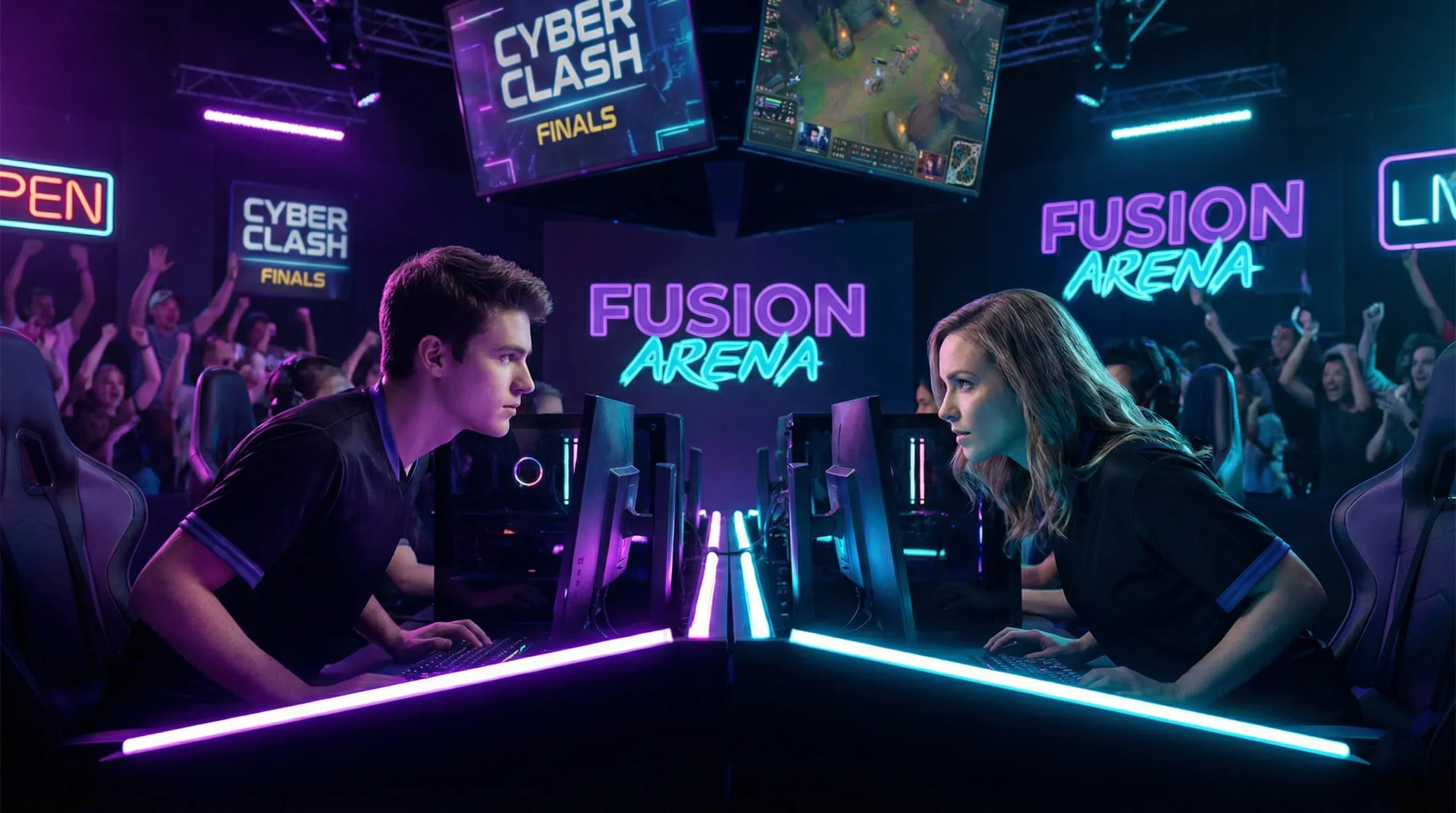 Neon esports gaming arena atmosphere
