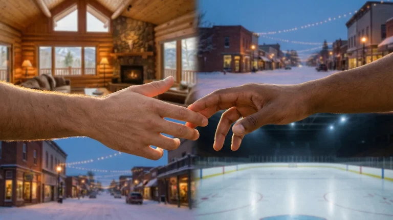 Two masculine hands reaching for each other against romantic settings including hockey rink, mountain cabin, and small town, warm intimate lighting