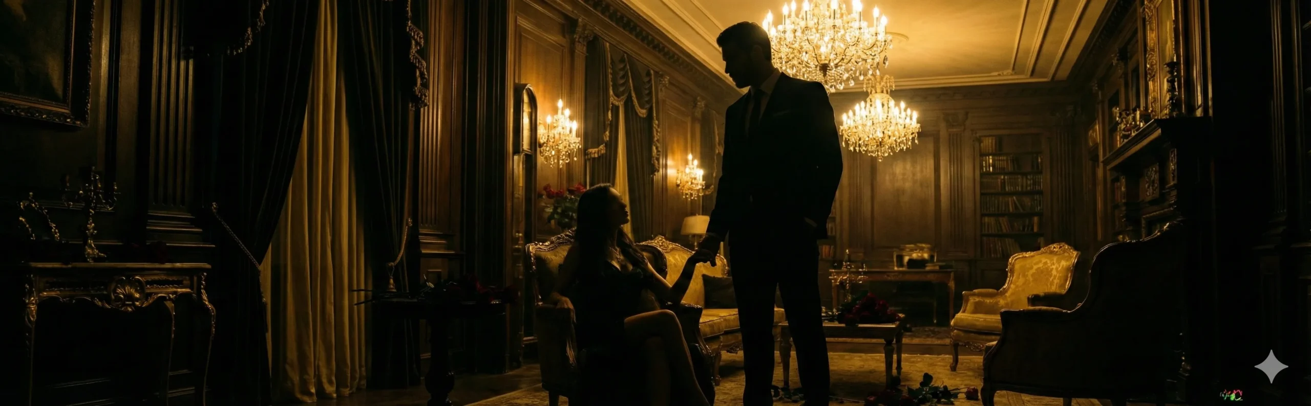 Dark mansion interior with chandeliers