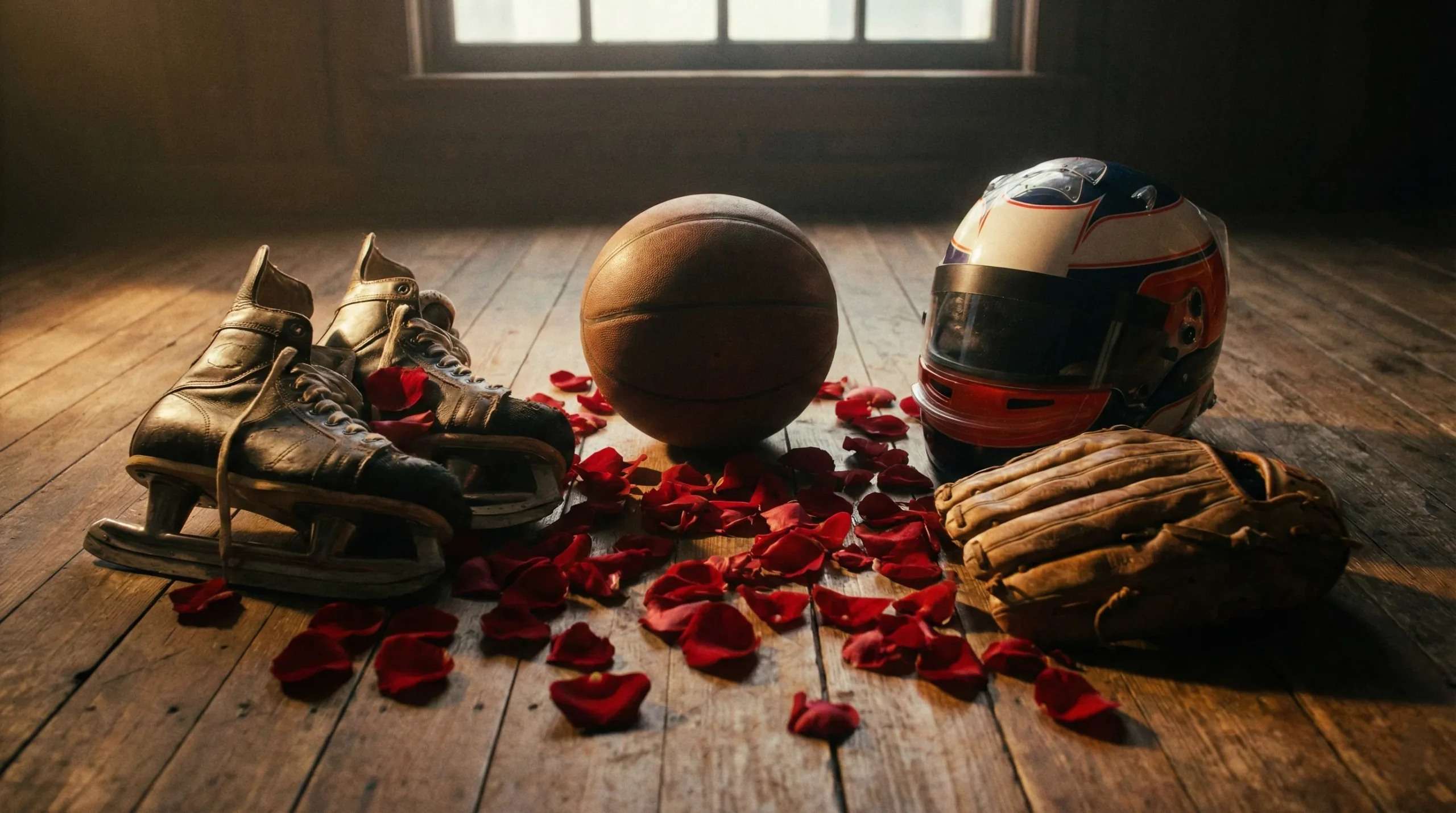 Sports romance genre banner — hockey skates, basketball, F1 helmet, rose petals