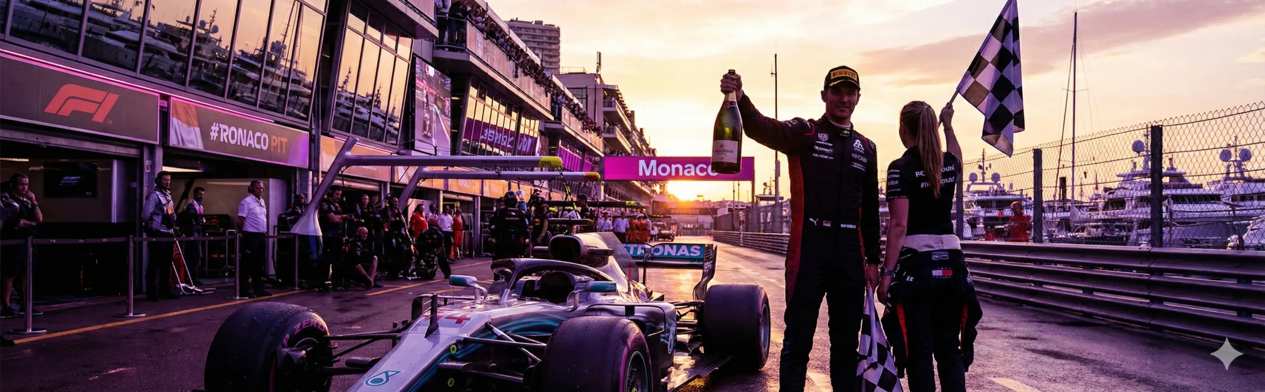 Formula 1 pit lane at sunset
