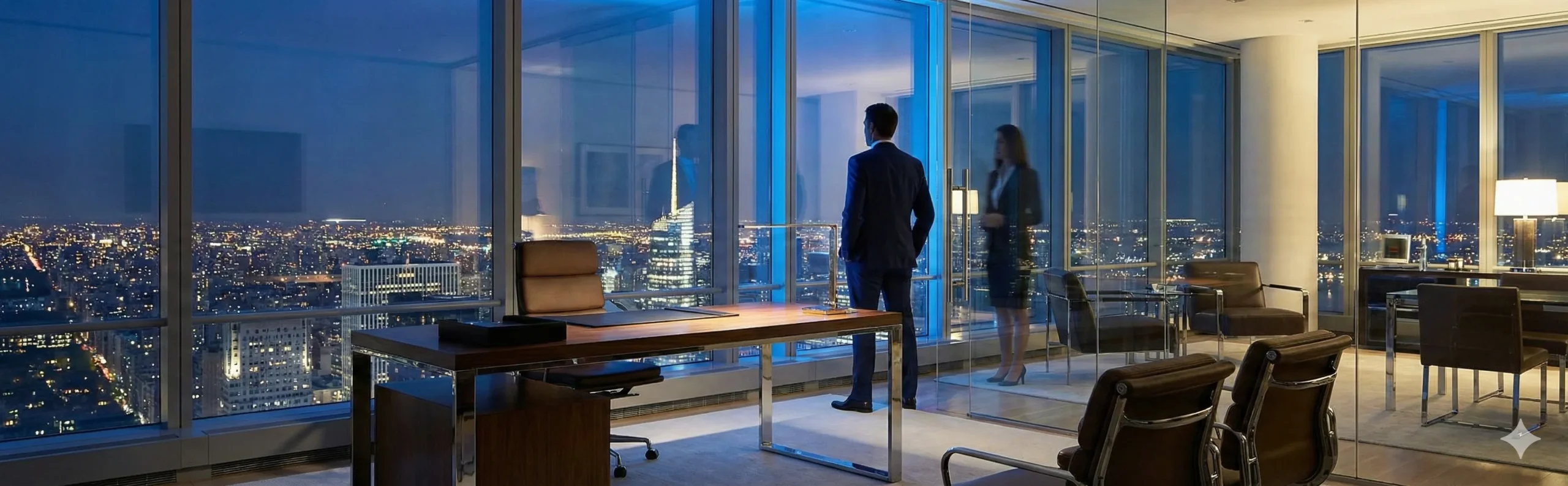 Manhattan penthouse office at night with city lights