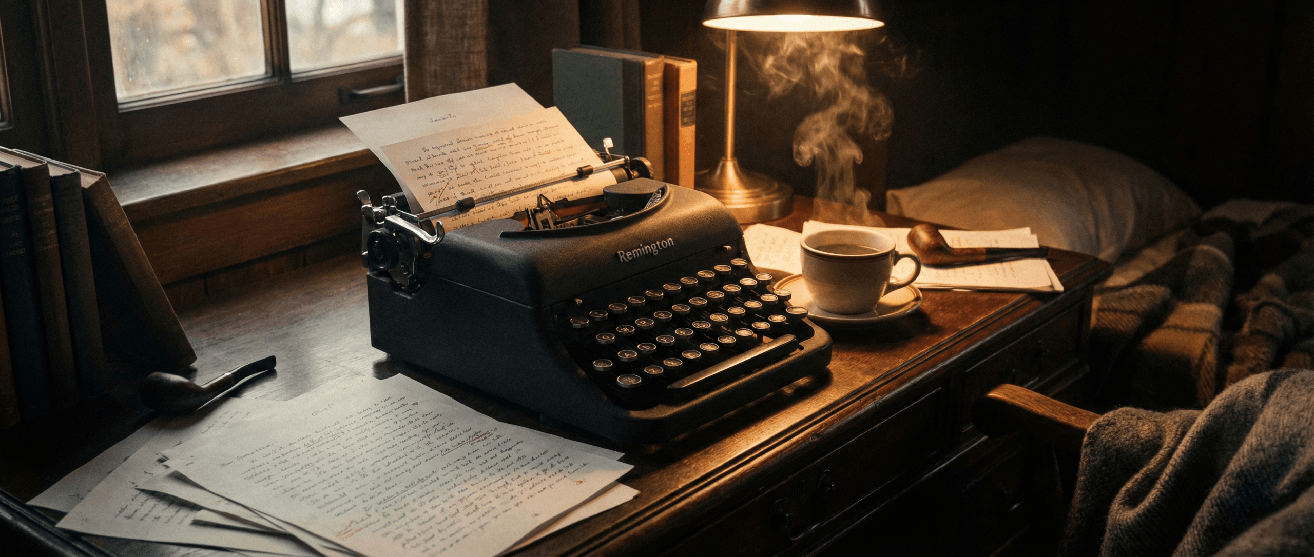 Writer romance section break — vintage typewriter and scattered manuscript pages, transition from trad pub Emily Henry comps to indie Kindle Unlimited rivals to lovers reads