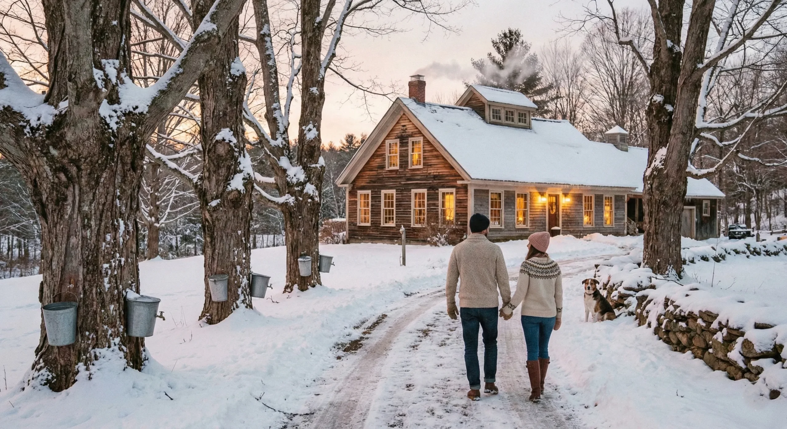 Cozy Vermont maple farm in winter with snow-covered trees and warm farmhouse light - Ames Willow MM Romance