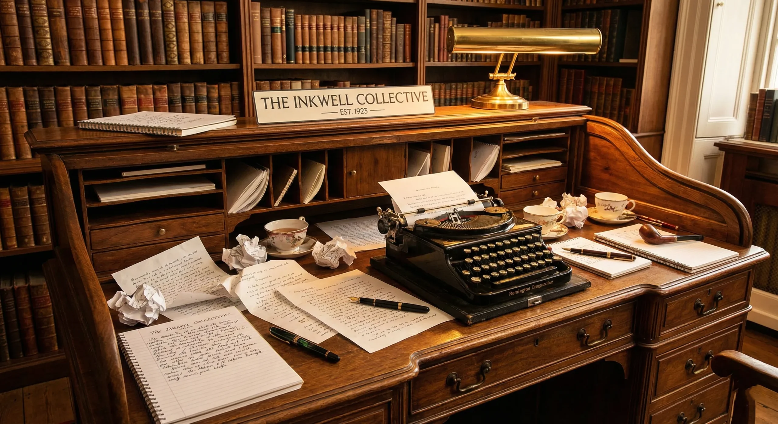 Elegant writing desk with scattered manuscript pages, fountain pens, and vintage typewriter in warm library lighting