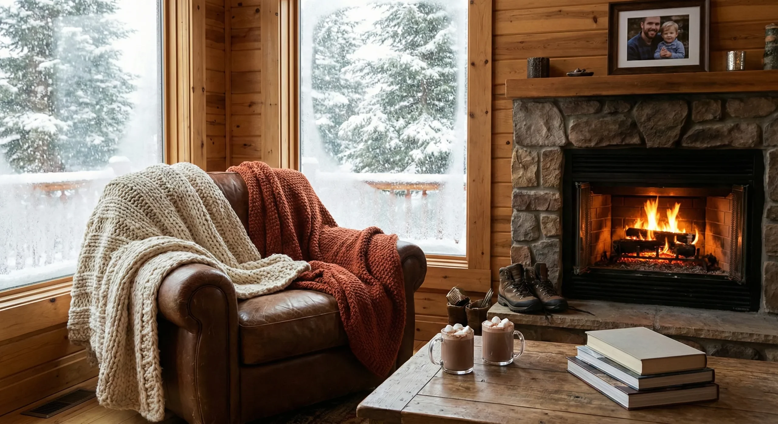 Cozy mountain cabin with crackling fireplace and snowy view - Cassie Hart Single Dad Romance
