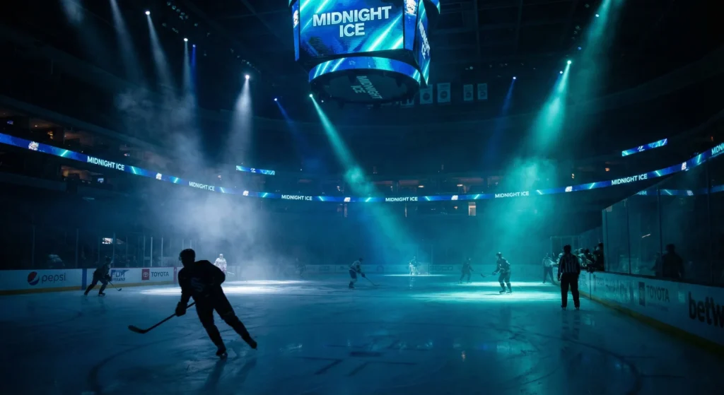 Professional hockey arena with dramatic ice rink lighting and athletic silhouettes
