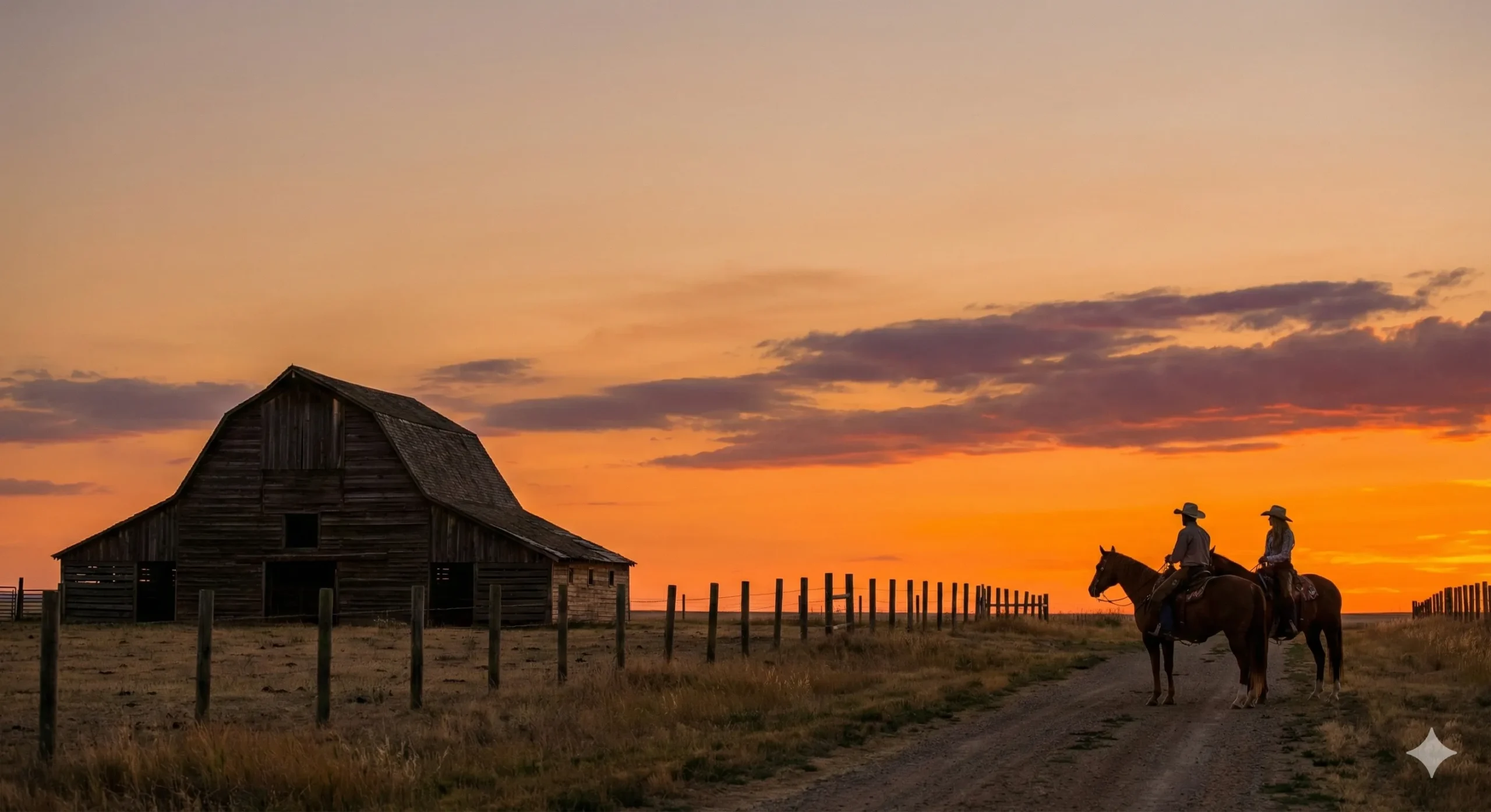Montana ranch at sunset with barn silhouette and big sky country - Harper West Western Romance