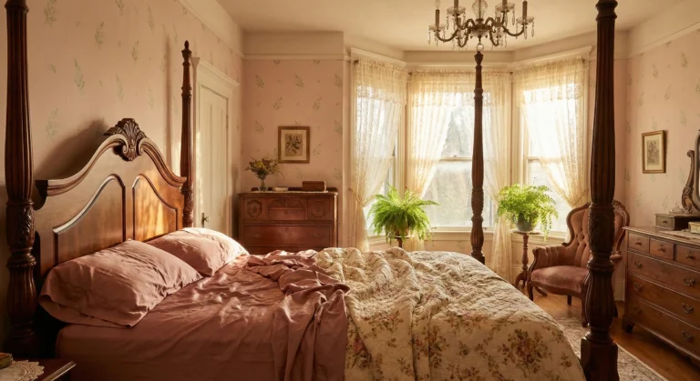 Romantic Victorian bedroom with rumpled silk sheets and golden afternoon light through sheer curtains