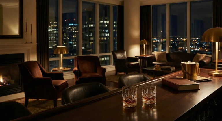 Luxurious penthouse at night overlooking city lights with bourbon glasses on polished bar