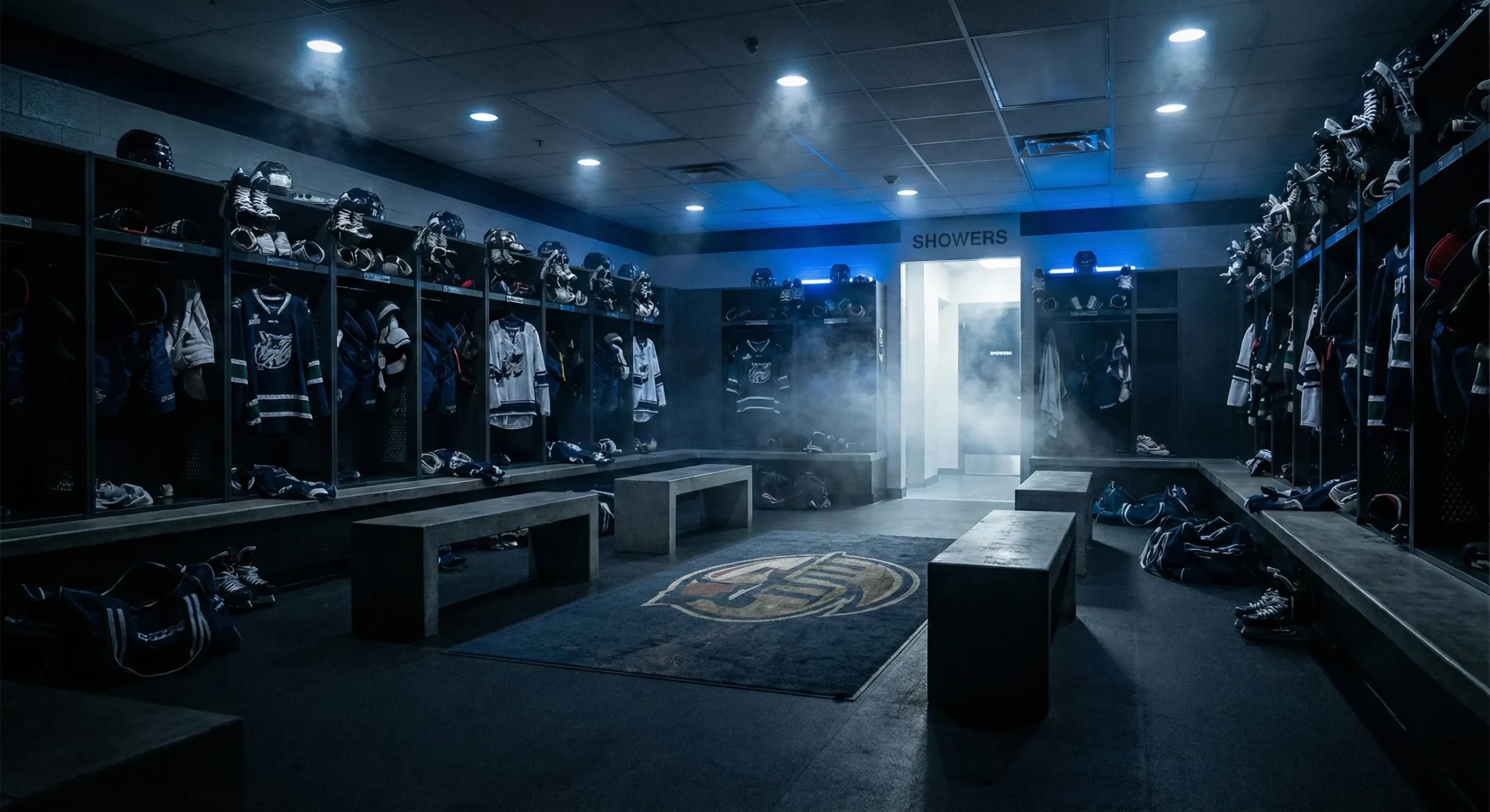 Empty hockey locker room with dramatic shadows and gear hanging - Jax Wilder MM Hockey Romance