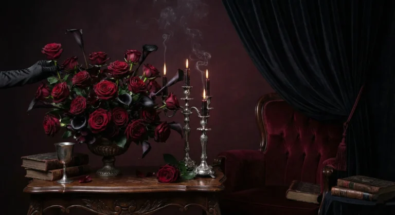 Dark gothic aesthetic with crimson roses and smoke swirling around ornate candlesticks