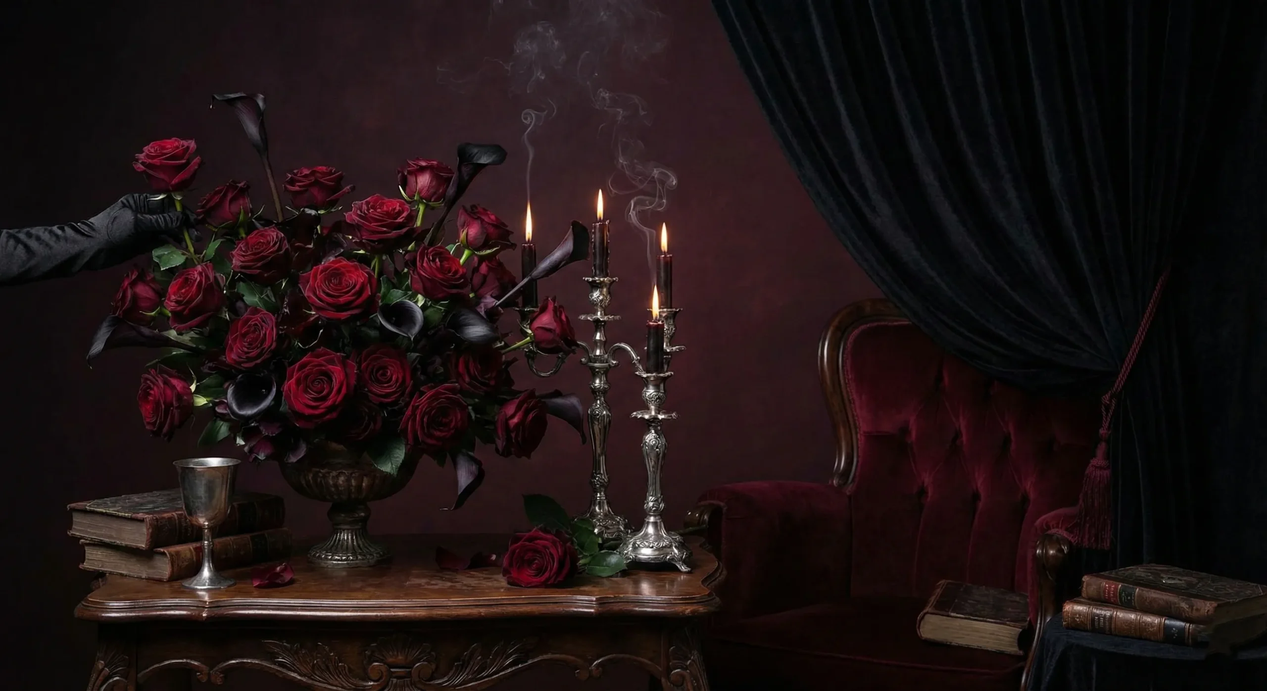 Dark gothic aesthetic with crimson roses and smoke - Lucian Gray Dark Romance