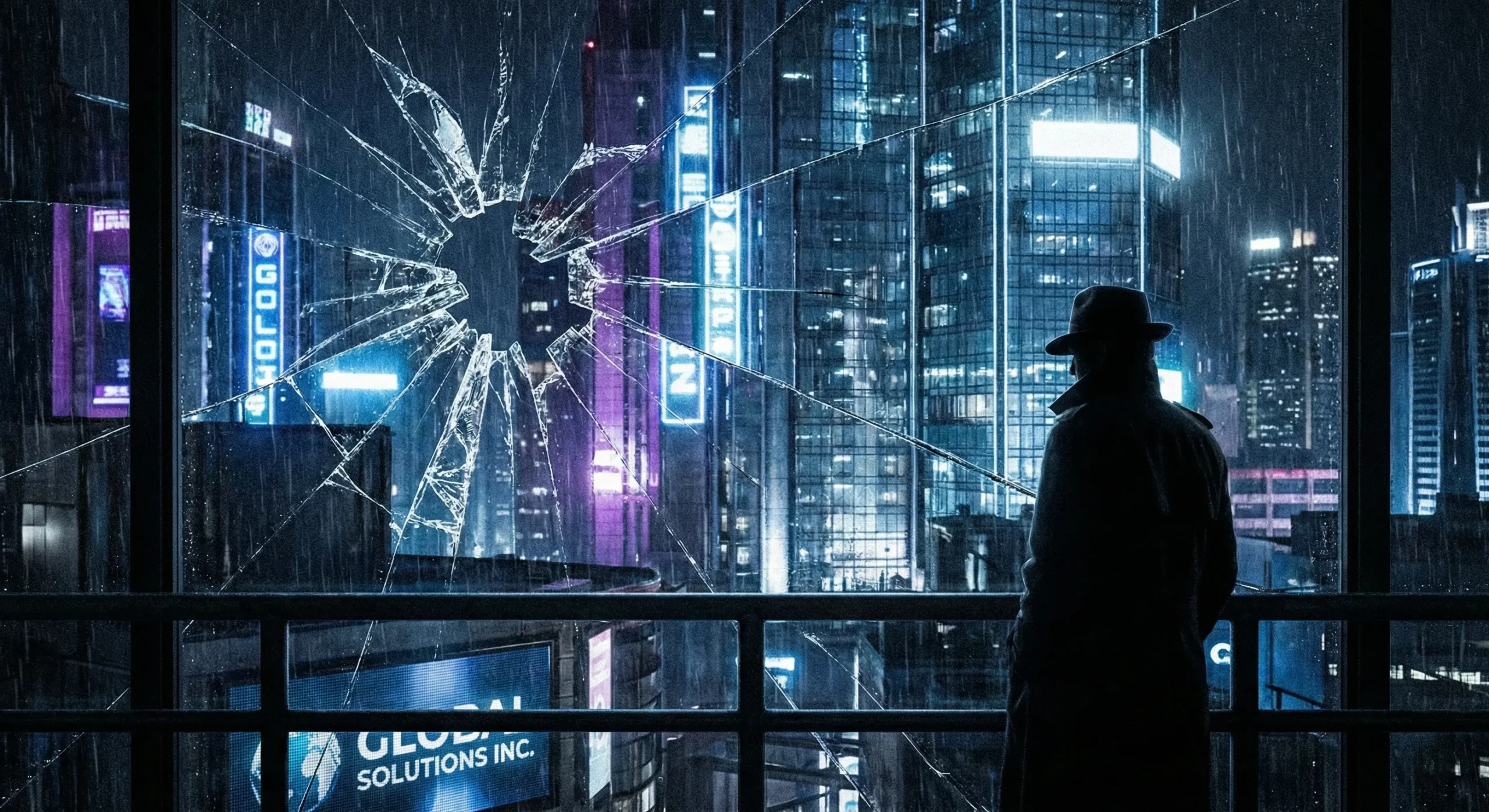 City skyline reflection in shattered glass with noir thriller aesthetic - Marcus Chen Tech Thriller