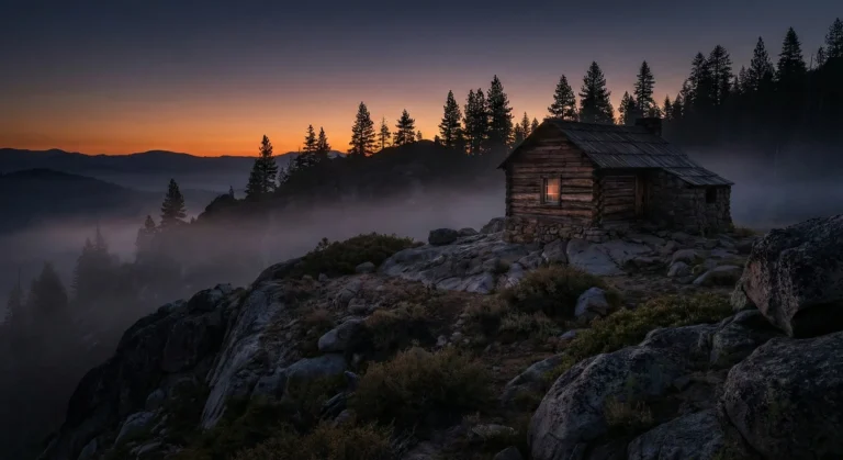 Rugged mountain cabin at dusk with evergreen trees silhouetted against sunset and mist in valleys
