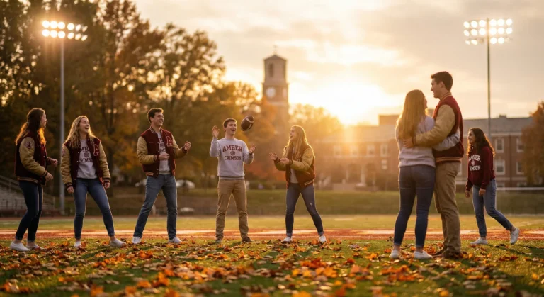 College campus athletic field at golden hour with stadium lights glowing and autumn leaves