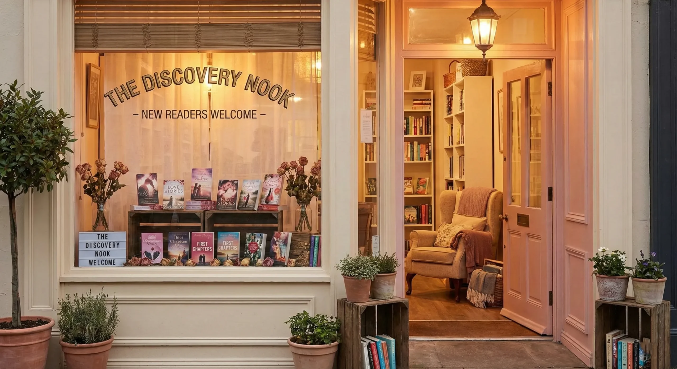Welcoming bookshop entrance with glowing warm light and romantic book displays