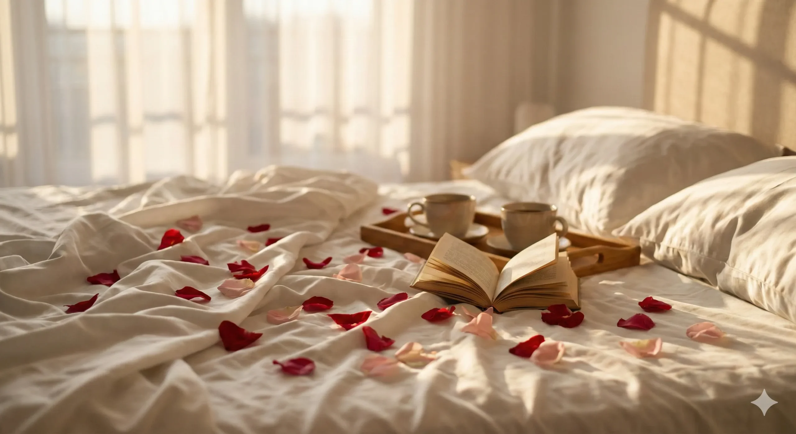 Romantic Valentine's Day aesthetic with rose petals on silk sheets and soft morning light