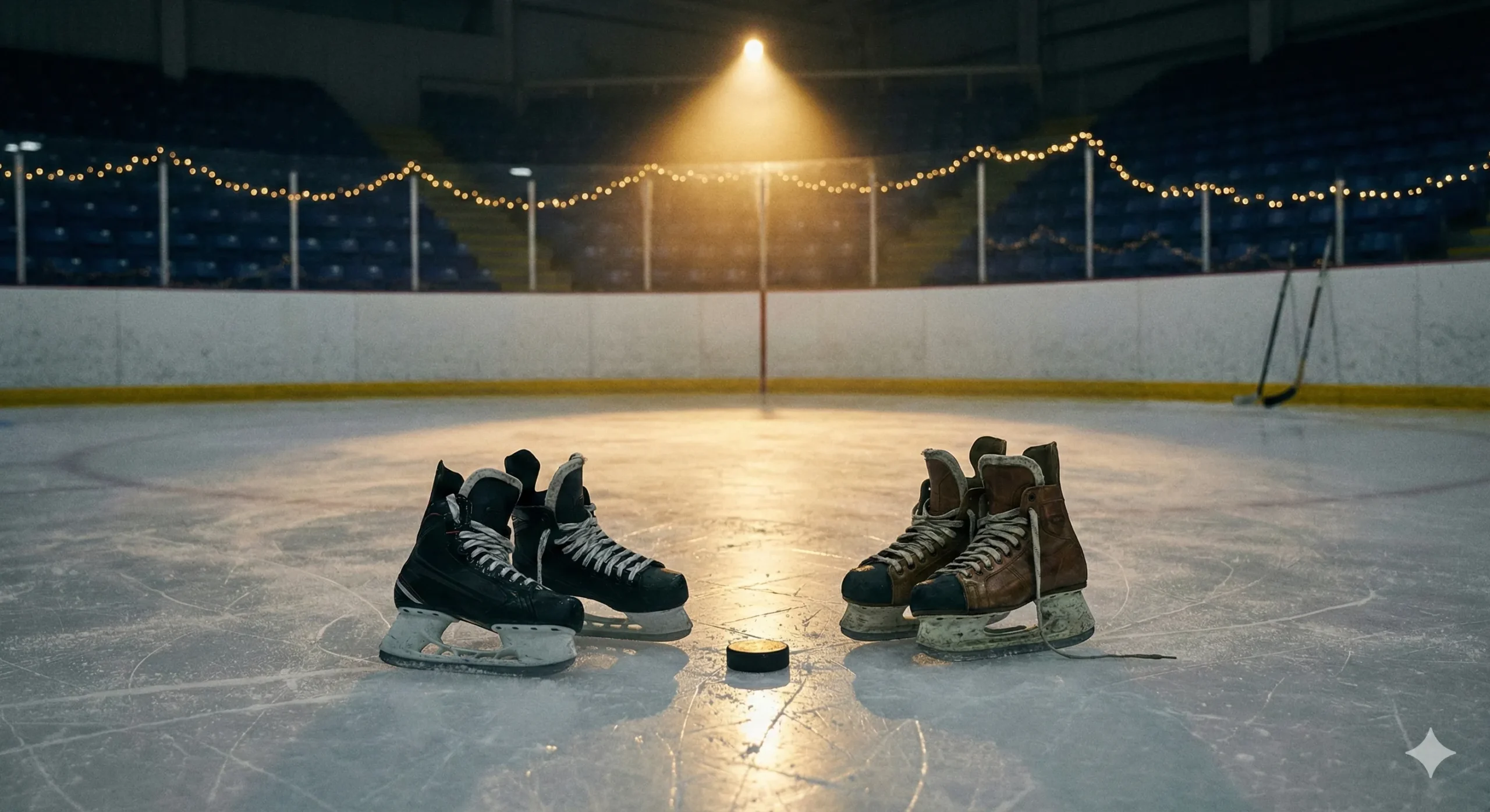 Hockey skates and puck on ice rink with romantic lighting and empty intimate stadium - Best MM Hockey Romance 2026