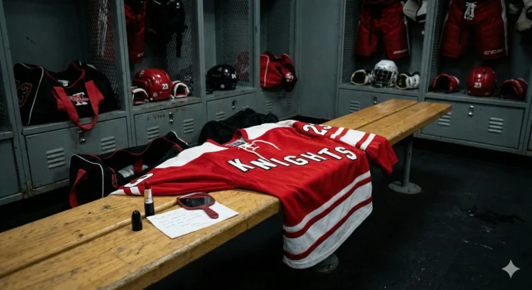 Hockey jersey draped over locker room bench with feminine touch visible - Beyond the Jersey MF Hockey Romance blog