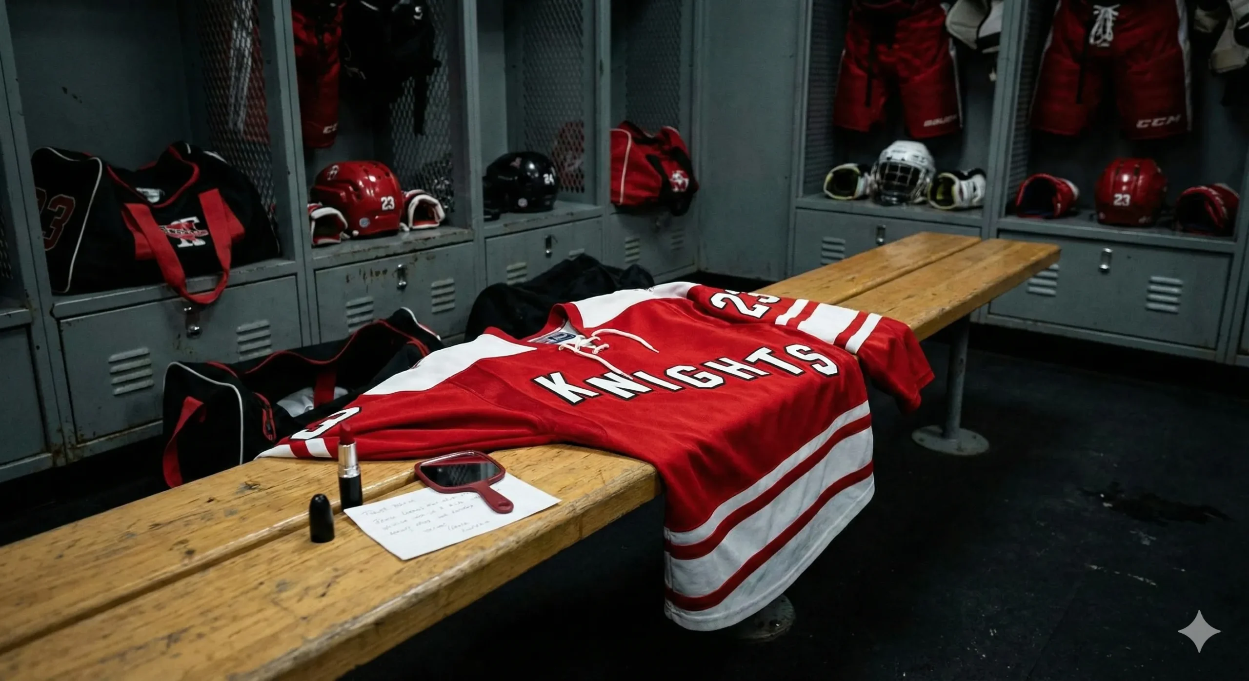 Hockey jersey draped over locker room bench with feminine touch visible - Beyond the Jersey MF Hockey Romance blog