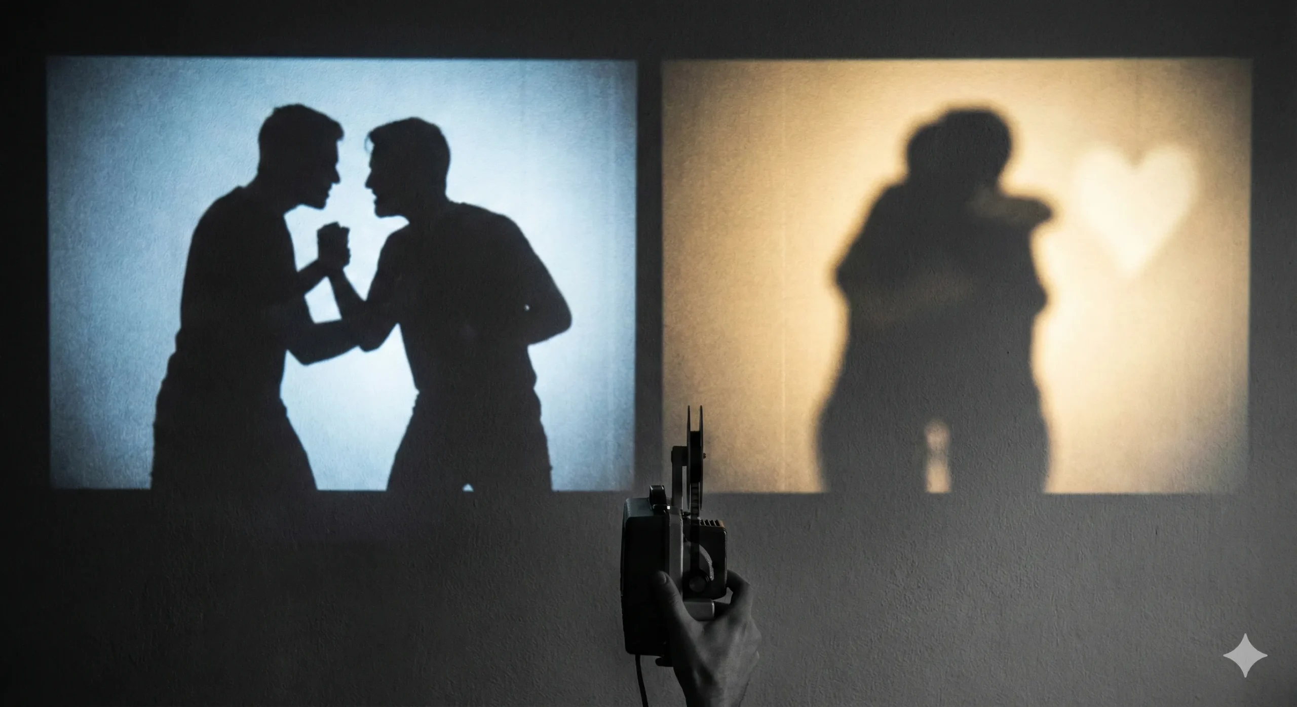 Two men silhouettes facing off then merged showing hate to love transition - Enemies to Lovers MM Romance Guide blog
