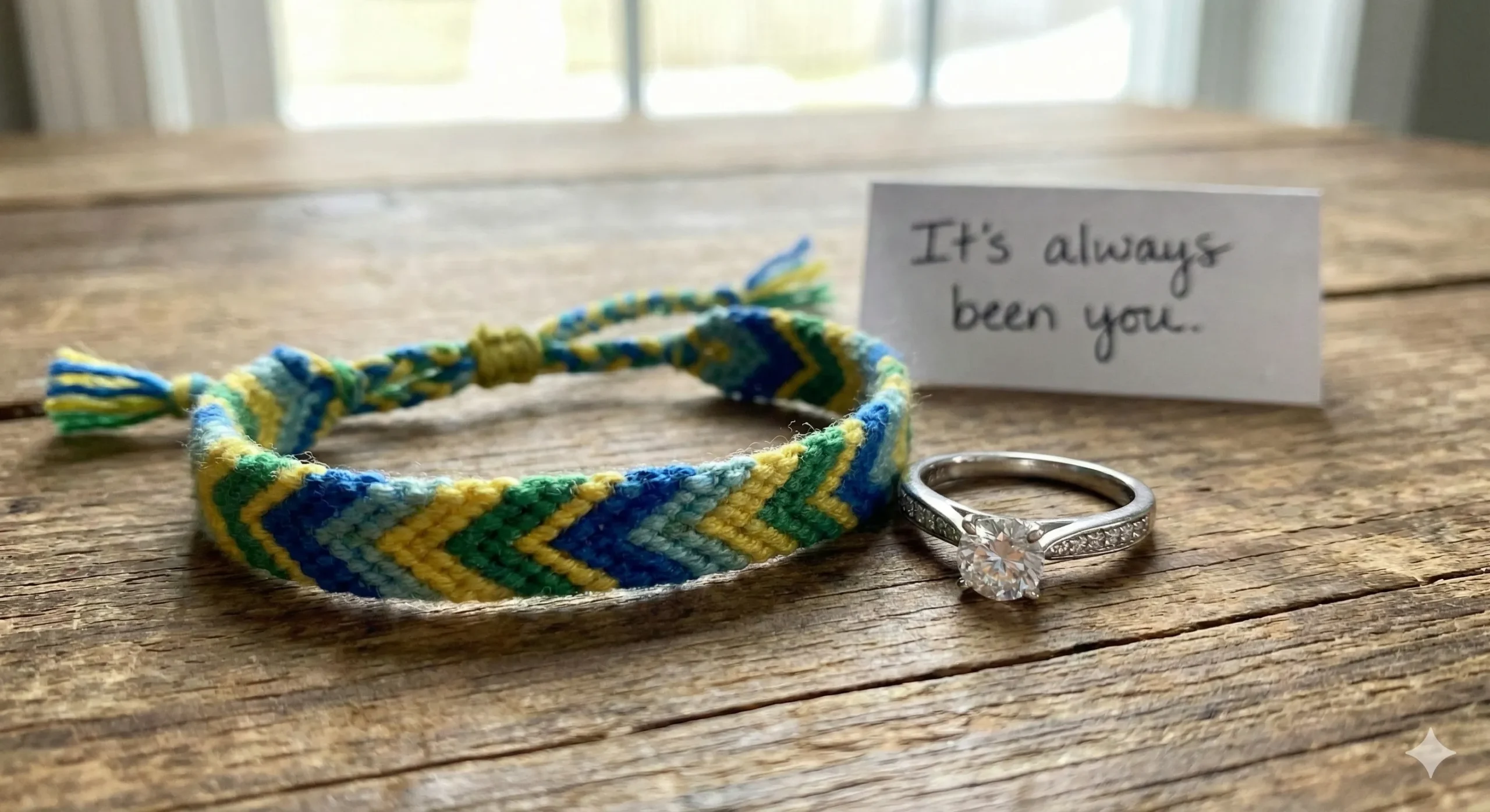 Friendship bracelet next to engagement ring showing best friends becoming more - Friends to Lovers Romance blog