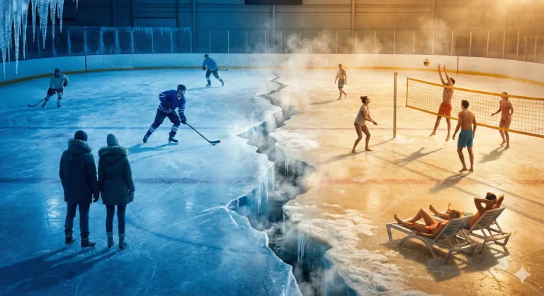 Ice rink split down middle with frozen blue one side and warm golden other showing opposites - Ice Cold Meets Sunshine Gold blog