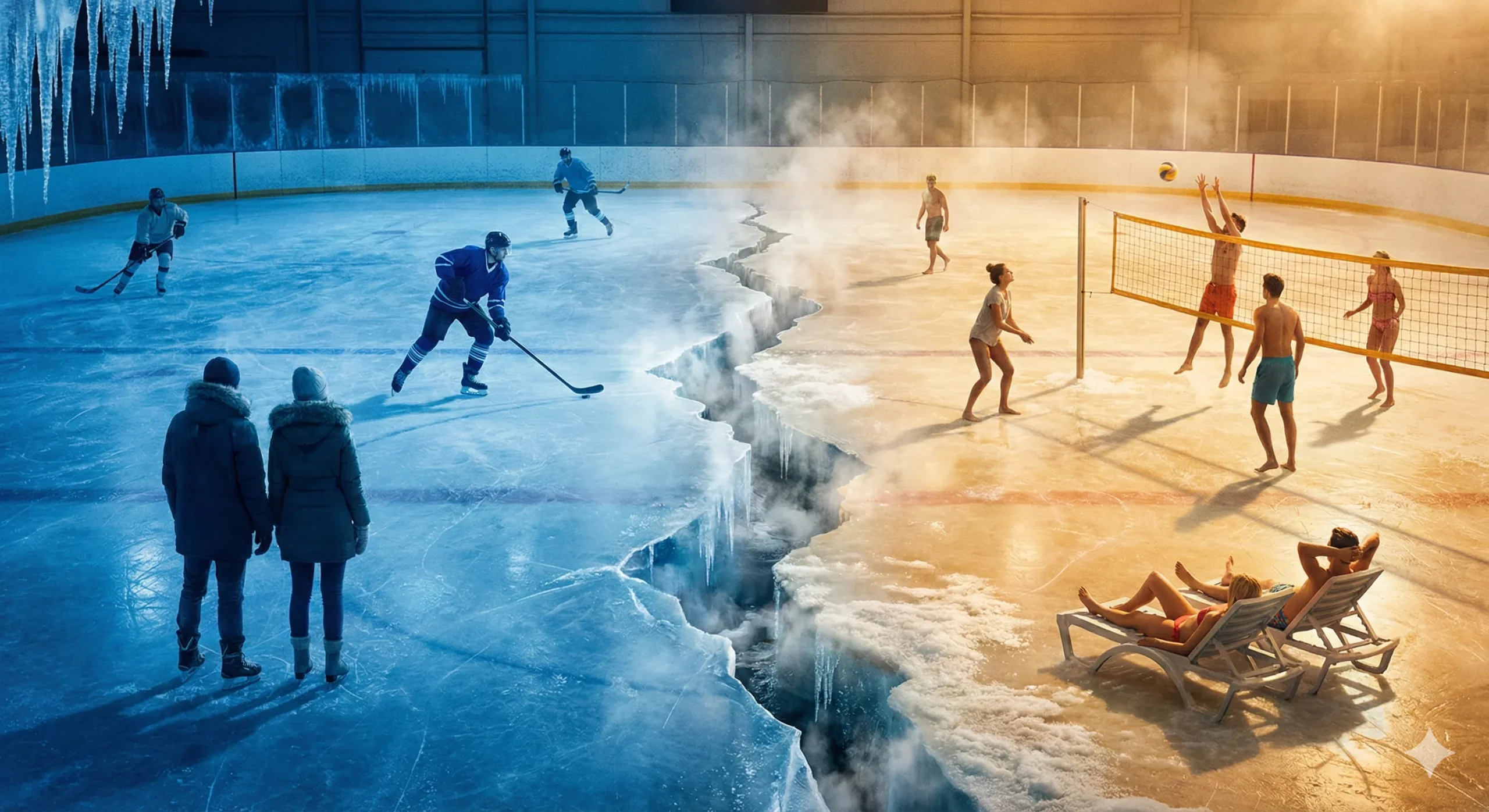 Ice rink split down middle with frozen blue one side and warm golden other showing opposites - Ice Cold Meets Sunshine Gold blog