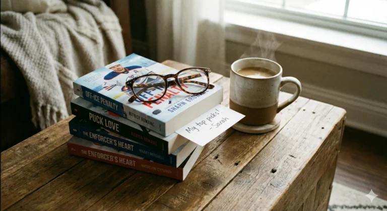 Stack of romance books with hockey imagery and reading glasses with coffee - If You Liked Heated Rivalry blog