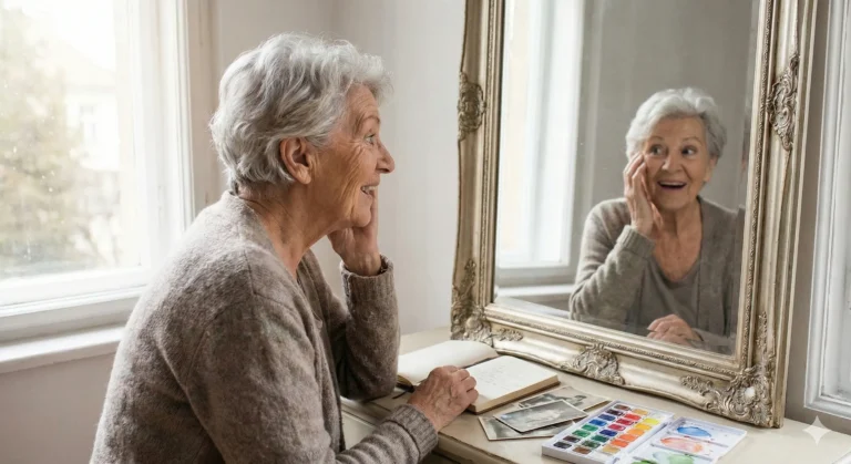 Silver-haired person looking at reflection with wonder showing self-discovery at any age - Later in Life Romance blog