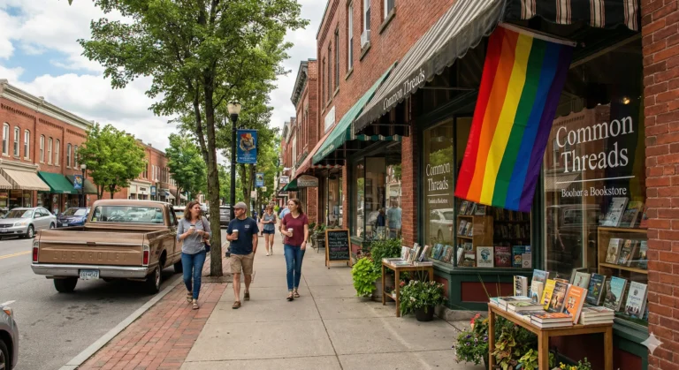 Quaint main street with rainbow flag in shop window showing cozy small town MM energy - Small Town MM Romance blog