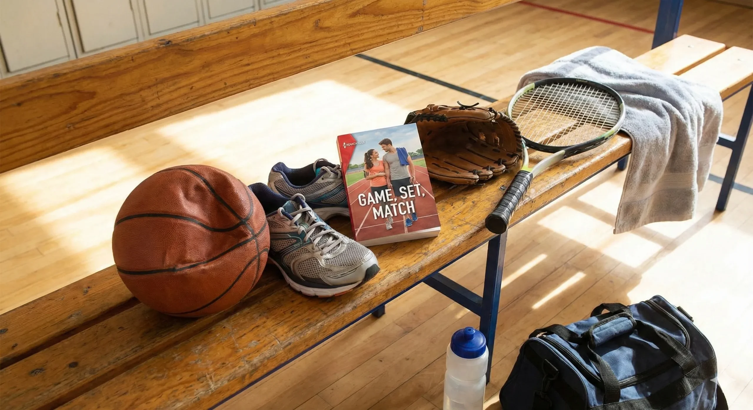 Multiple sports equipment artfully arranged with romance novel visible - Sports Romance Books Guide blog