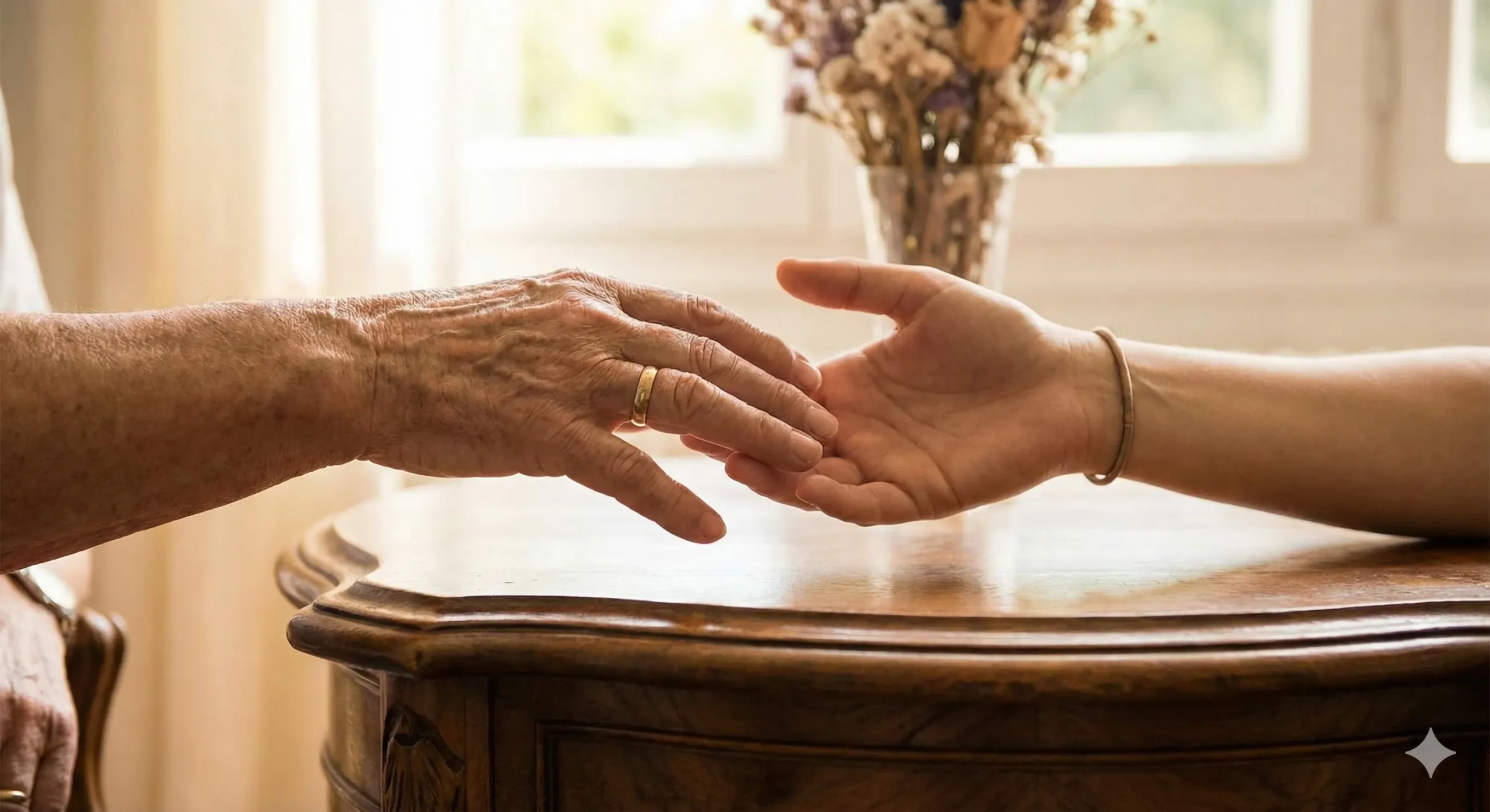 Two hands of different ages reaching toward each other sophisticated and tender - Ultimate Age Gap Romance Guide blog