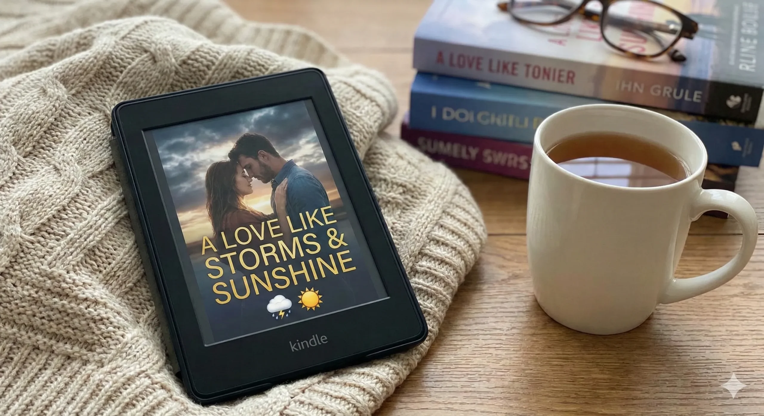 Kindle device showing romance cover with storm cloud and sun emoji - Why Grumpy Sunshine Romance Dominates KU blog