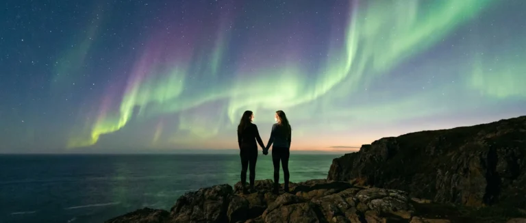 Northern lights aurora borealis over Pacific coastline with two women watching - Aurora North sapphic romance author