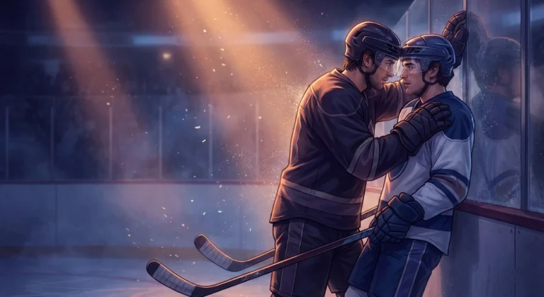 Two male hockey players in a tense, romantic moment on dark ice — MM hockey romance book recommendations