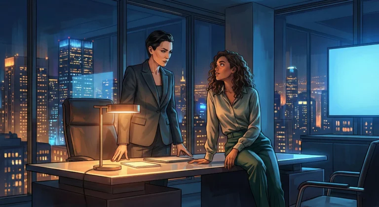 Two women in a modern office with city lights — spicy sapphic boss assistant romance book recommendations