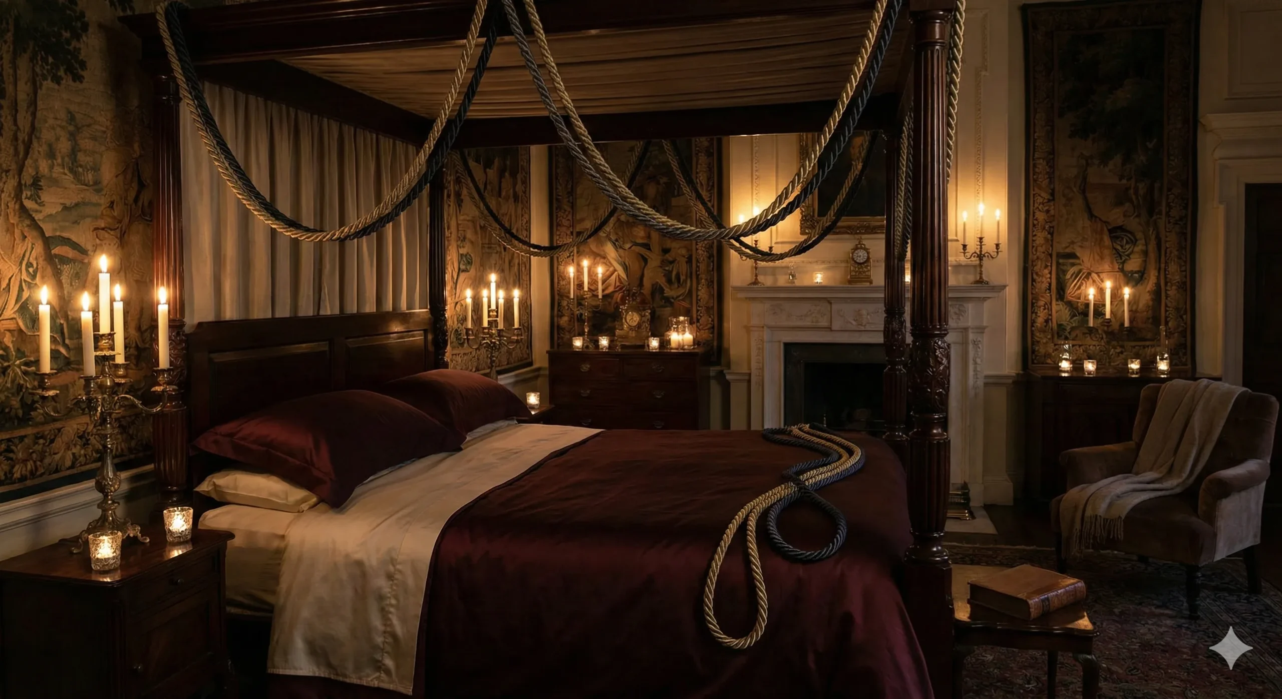Elegant bedroom with silk ropes draped over four-poster bed and candlelight shadows - BDSM romance trope