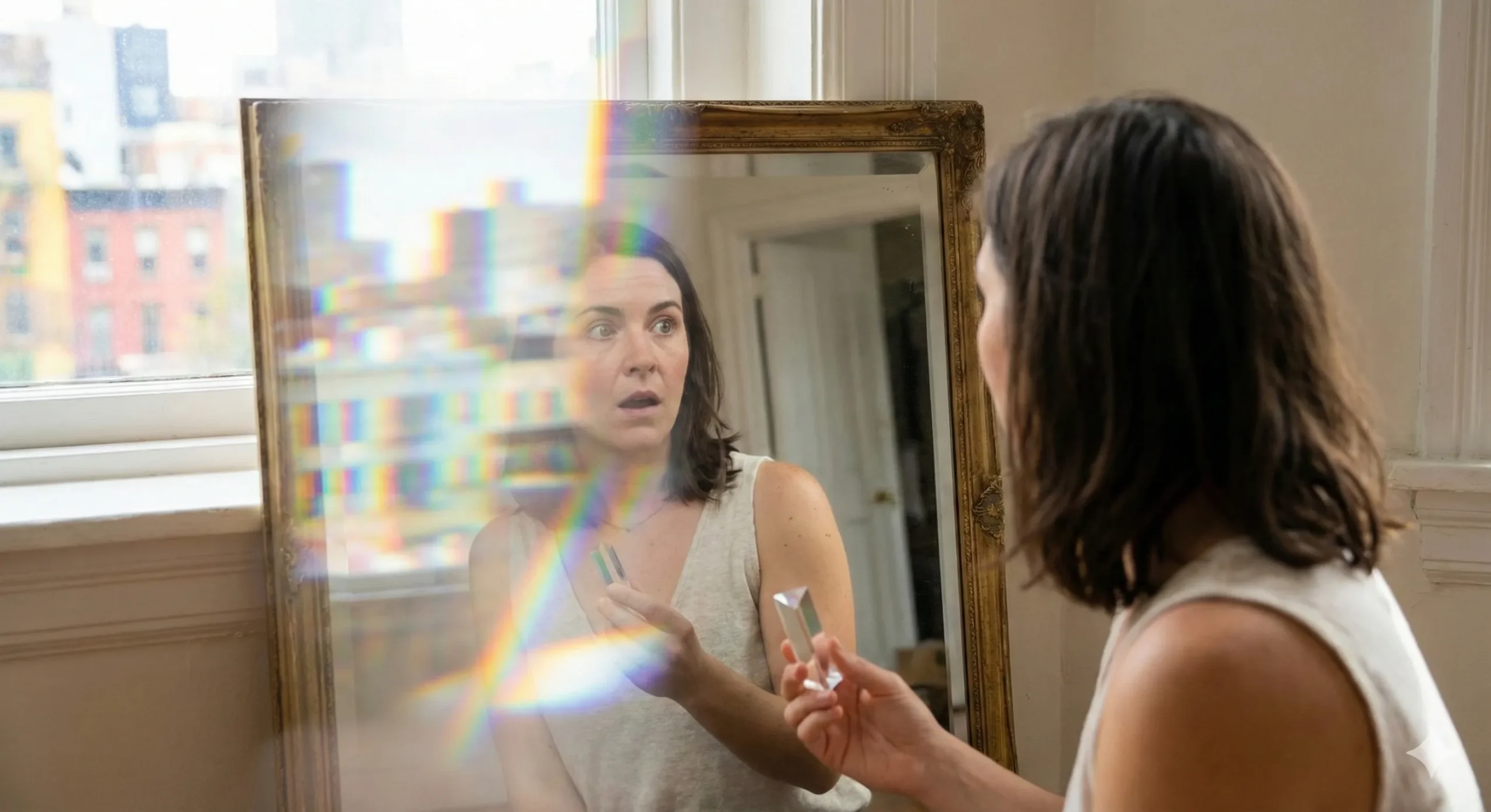 Mirror reflection showing different perspective with rainbow light prism effect - Bi Awakening romance trope