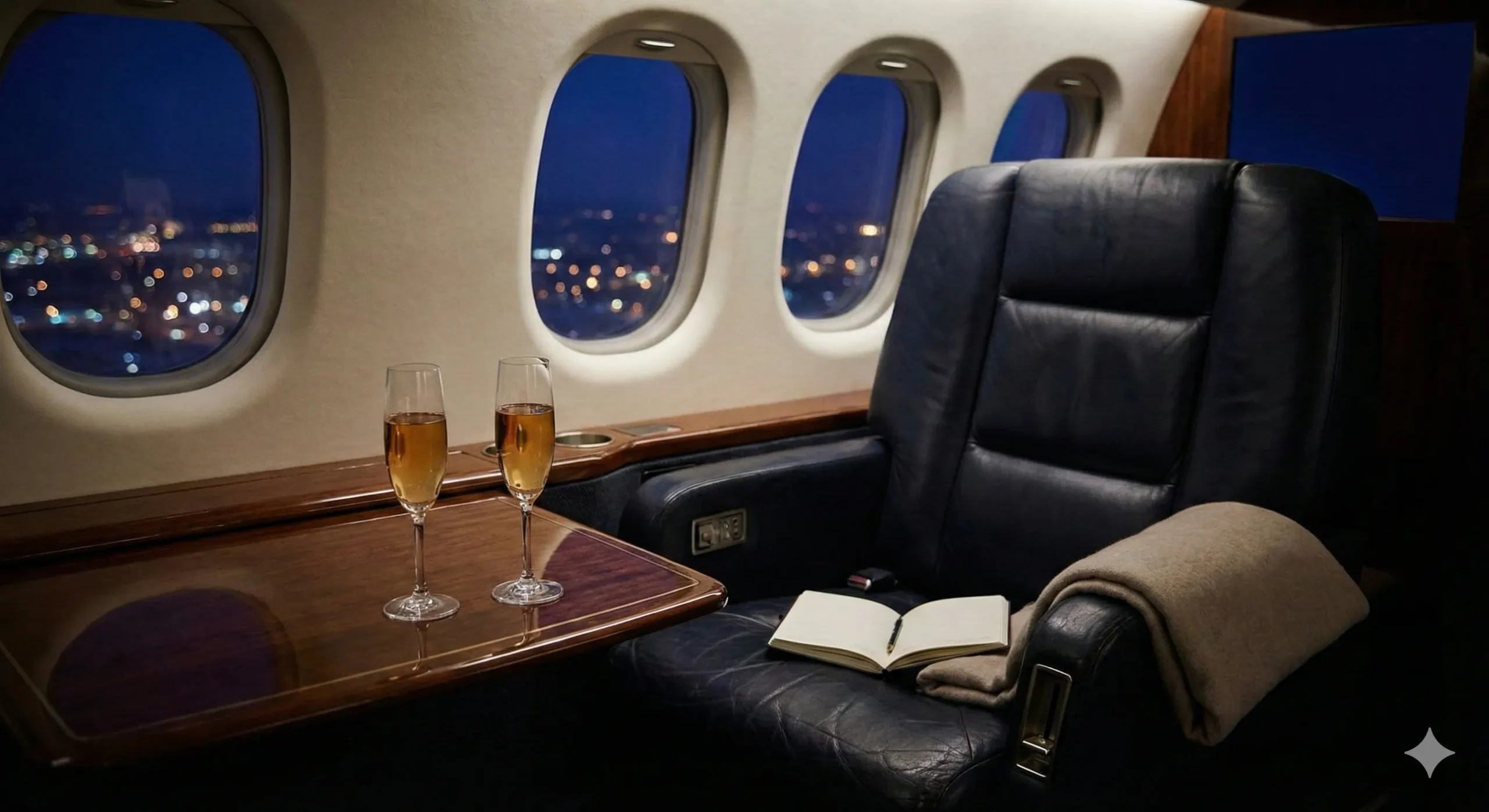 Private jet interior at night with champagne glasses and city lights through windows - Billionaire romance trope